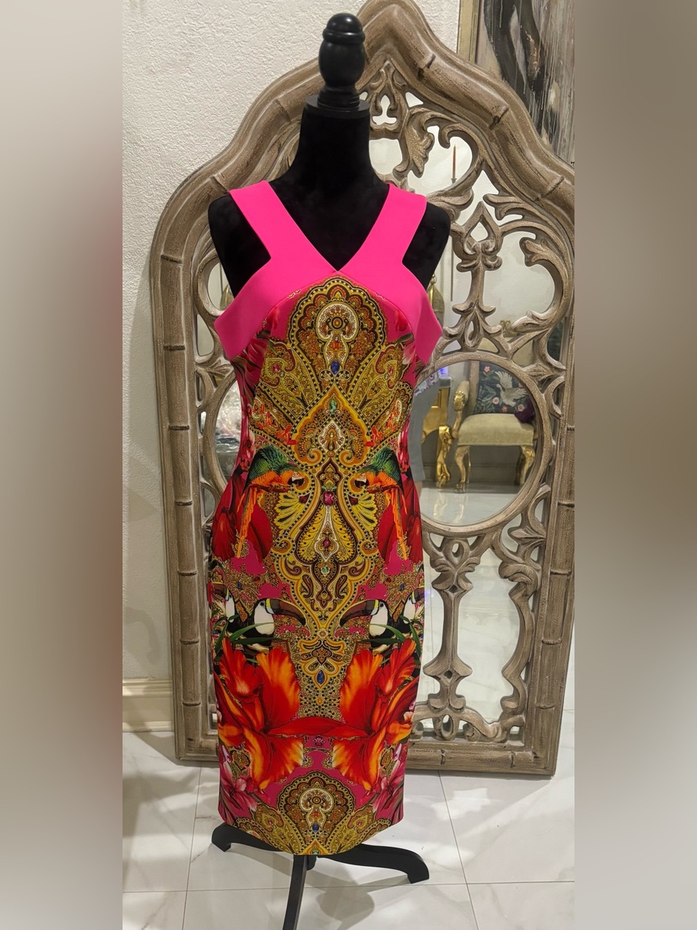 Ted Baker Hot Pink Tropical Print One-Shoulder Sheath Dress